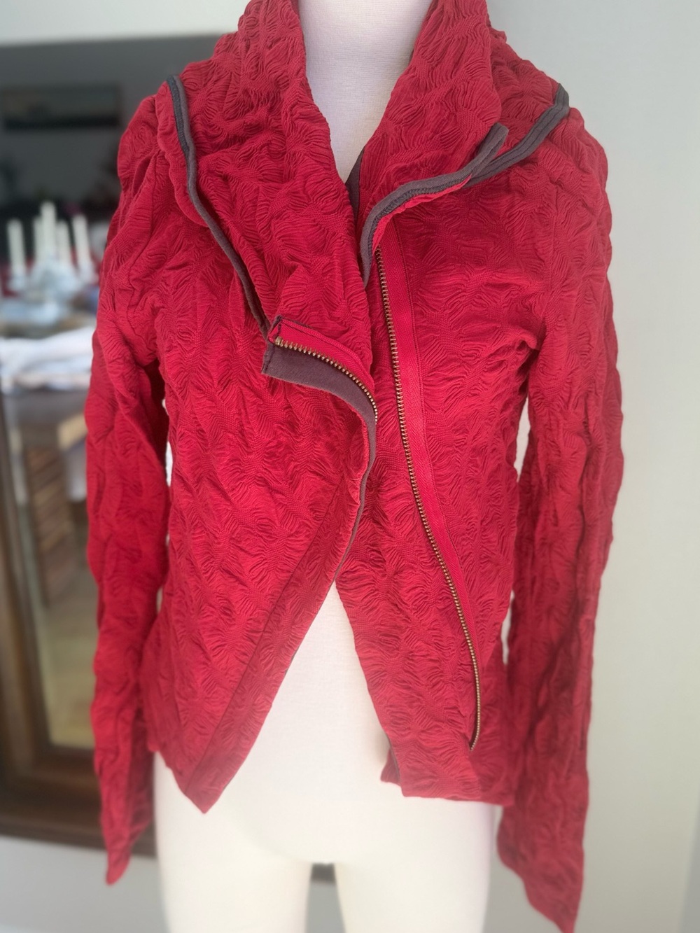 Aimee G Sculpted Red Zip-Front Leather Jacket